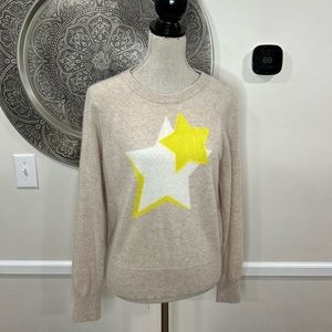 White + Warren 100% Cashmere Sweater - Beige with Cream and Yellow Stars